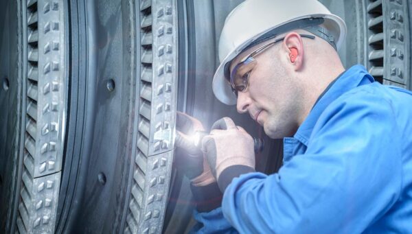 Technician inspecting machinery